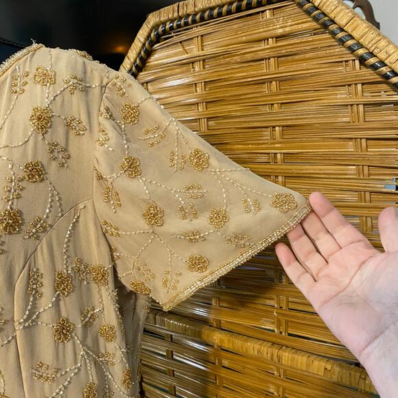 Adrianna Papell 100% Silk Beaded Gown Champagne Gold modest 14 formal cocktail - Picture 6 of 9